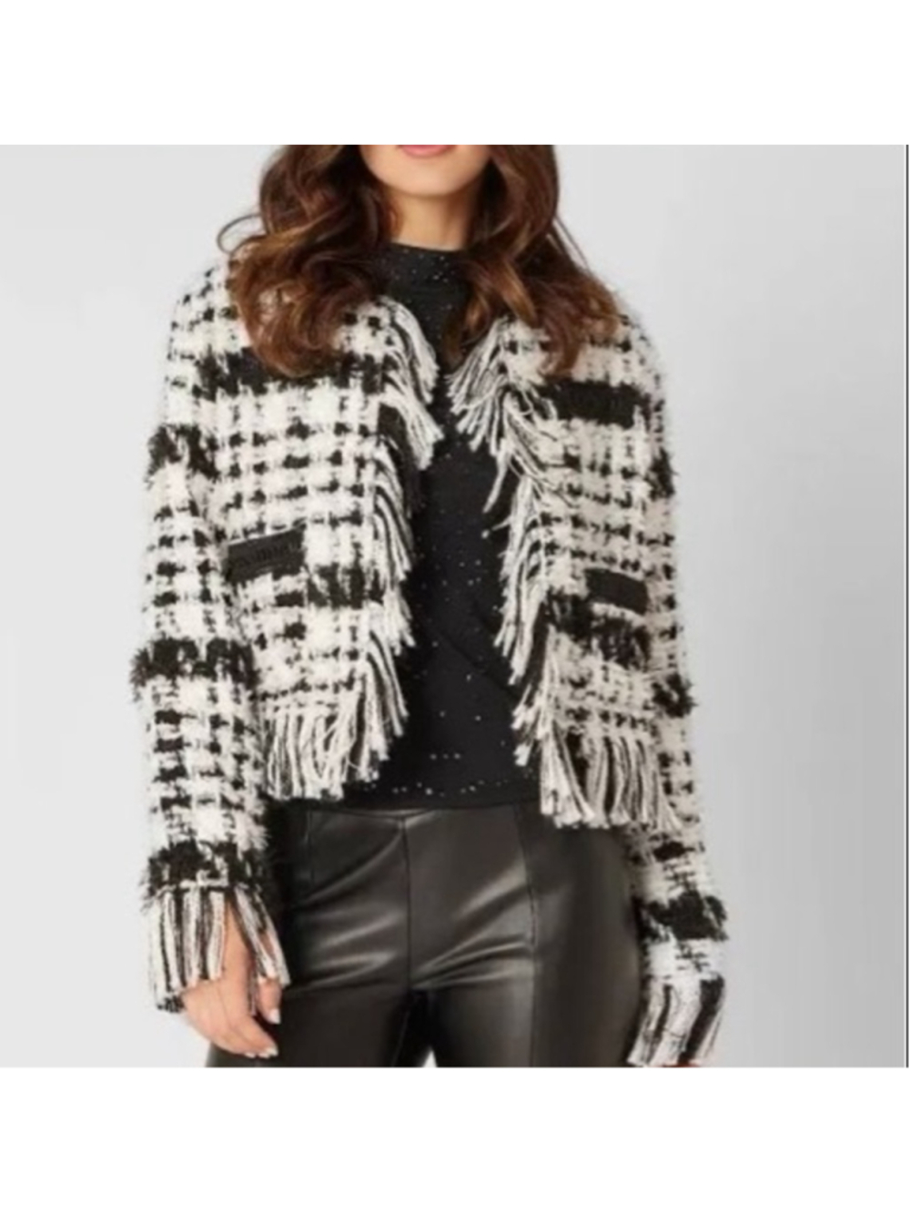 ADRIENNE LANDAU Black White Tweed Fringe Jacket M nwot